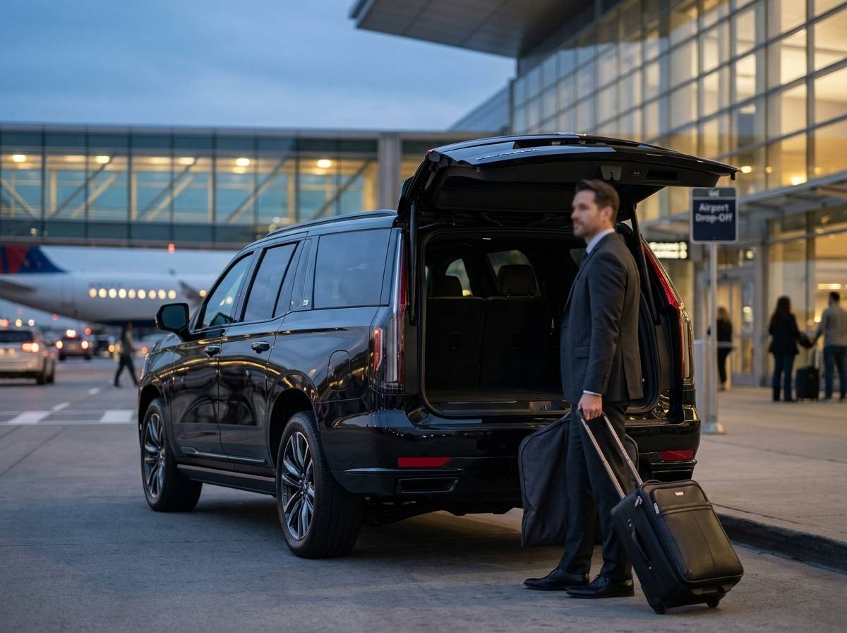 Black Cadillac Escalade at Logan Airport curbside with businessman and luggage