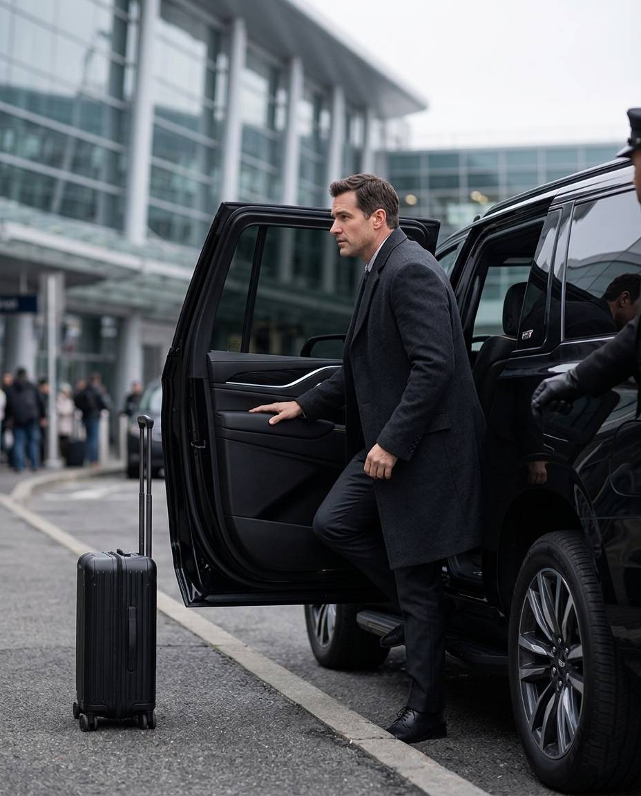 Limo Lux client at Logan Airport curbside with chauffeur and luggage