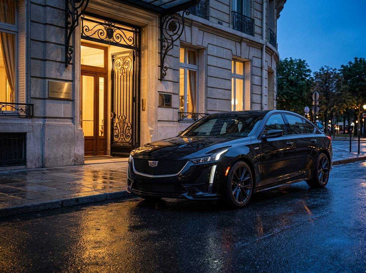 Black luxury car parked outside an elegant building in the evening, representing Limo Lux special occasion service